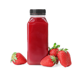 Bottle with healthy detox smoothie and strawberries on white background