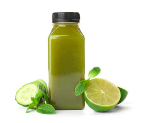 Bottle with healthy detox smoothie and ingredients on white background