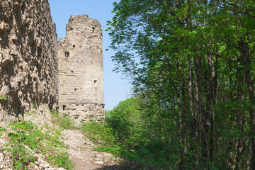 The wall and tower of the fortress Koporye in the Leningrad region, Russia. Stone fort built by 1297