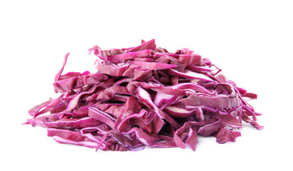 Pile of chopped red cabbage on white background