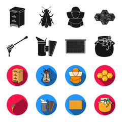 A frame with honeycombs, a ladle of honey, a fumigator from bees, a jar of honey.Apiary set collection icons in black,flet style vector symbol stock illustration web. © pandavector