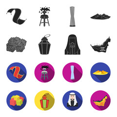 Eastern sweets, Ramadan lamp, Arab sheikh, territory.Arab emirates set collection icons in black,flet style vector symbol stock illustration web. © pandavector