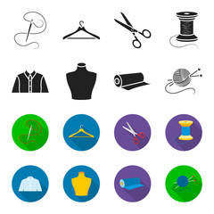 A man shirt, a mannequin, a roll of fabric, a ball of threads and knitting needles.Atelier set collection icons in black,flet style vector symbol stock illustration web. © pandavector