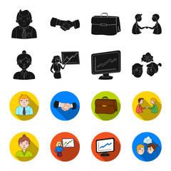 Businesswoman, growth charts, brainstorming.Business-conference and negotiations set collection icons in black,flet style vector symbol stock illustration web. © pandavector