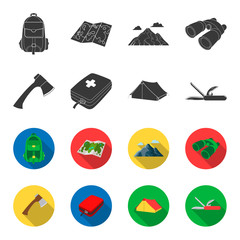 Ax, first-aid kit, tourist tent, folding knife. Camping set collection icons in black,flet style vector symbol stock illustration web. © pandavector