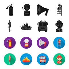 Fireman, flame, fire truck. Fire departmentset set collection icons in black,flet style vector symbol stock illustration web. © pandavector
