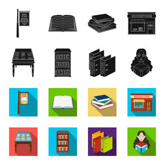 Library and bookstore black,flet icons in set collection for design. Books and furnishings vector symbol stock web illustration. © pandavector