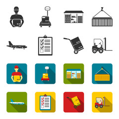 Cargo plane, cart for transportation, boxes, forklift, documents.Logistic,set collection icons in black,flet style vector symbol stock illustration web. © pandavector