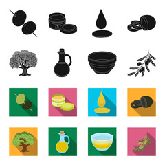 An olive tree, a branch with olives, a vessel and a jug of oil. Olives set collection icons in black,flet style vector symbol stock illustration web. © pandavector
