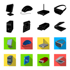 A system unit, a flash drive, a scanner and a SD card. Personal computer set collection icons in black,flet style vector symbol stock illustration web. © pandavector