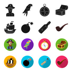 Pirate, bandit, ship, sail .Pirates set collection icons in black,flet style vector symbol stock illustration web. © pandavector