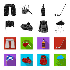 Flag, kilt, rainy weather, cap.Scotland country set collection icons in black,flet style vector symbol stock illustration web. © pandavector
