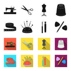 Measuring tape, needles, crayons and pencil.Sewing or tailoring tools set collection icons in black,flet style vector symbol stock illustration web. © pandavector