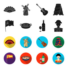 Flag with the coat of arms of Spain, a national dish with rice and tomatoes, a bottle of wine with a glass, a bullfighter, a matador. Spain country set collection icons in black,flet style vector © pandavector