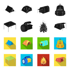 Awning, fire and other tourist equipment.Tent set collection icons in black,flet style vector symbol stock illustration web. © pandavector