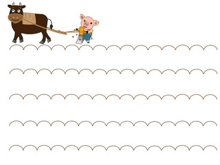 農業用のフレーム。農作業をしている子豚。