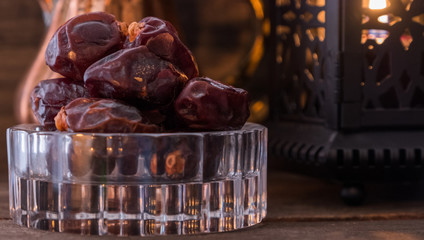 Dates fruits on wooden table top