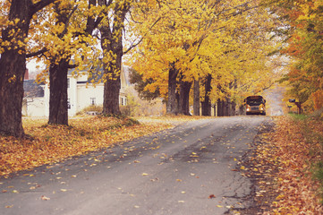 School bus on rural road in autumn