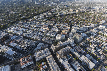 Aerial view of Wilshire Bl and Rodeo Dr business district in downtown Beverly Hills near West...