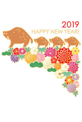 花　いのしし年　2019年賀状