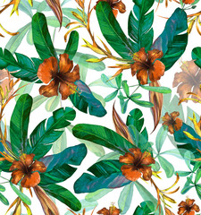  Tropical Seamless watercolor pattern with hibiscus, palm leaves.Tropic vintage background
