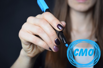 The businessman writes a blue marker inscription:CMO