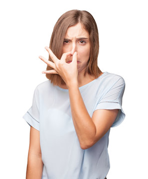 young pretty woman bad smell sign