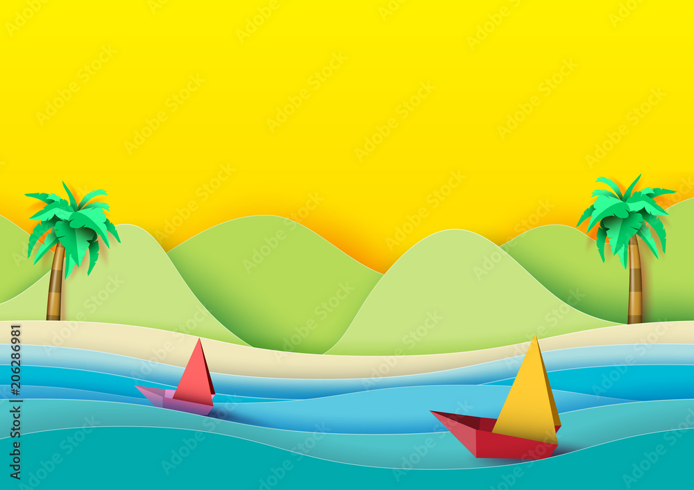 Wall mural Summer concept.Sailboats on the sea with coconut trees,beach and mountains background.Paper art style vector illustration.