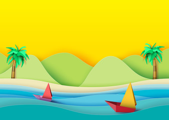Fototapeta na wymiar Summer concept.Sailboats on the sea with coconut trees,beach and mountains background.Paper art style vector illustration.