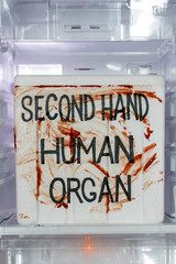 A cooling box with human organs for transplantation inside fridge. Illegal sale of human organs.