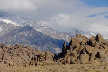 The Rugged and carved granite boulders of Alabama Hills outside of the Eastern Sierra Mountains and Mt Whitney Eastern California