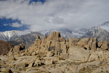 The Rugged and carved granite boulders of Alabama Hills outside of the Eastern Sierra Mountains and Mt Whitney Eastern California