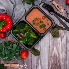 Close-up view of tasty goulash with broccoli