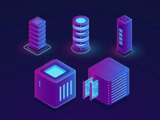 Set of server room icons, data center and database, futuristic data prcessing, cloud storage