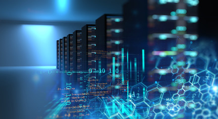 Corridor of  server room with server racks in datacenter. 3d illustration