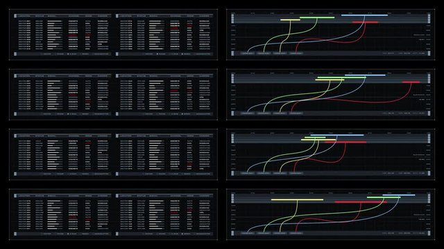 Multi-panel visual display: animated graphs, readouts, indicators. Reversible seamless loop. 