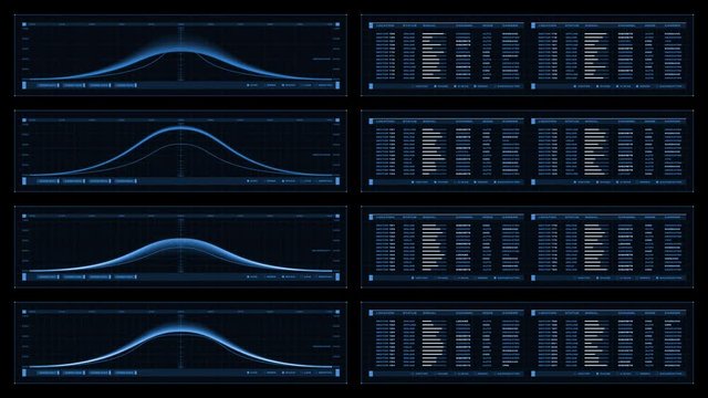 Monochromatic, multi-panel visual display: animated graphs, readouts, indicators. Reversible seamless loop. 