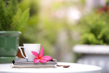 White cup with frangipani flower and notebooks