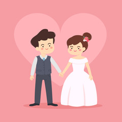 Bride and groom holding their hand isolated on pink theme background wedding invitation vector. 