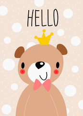 Cute bear with hello background for greetings card theme.