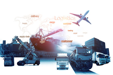 Plakat World map with logistic network distribution on background. Logistic and transport concept in front Logistics Industrial Container Cargo freight ship for Concept of fast or instant shipping