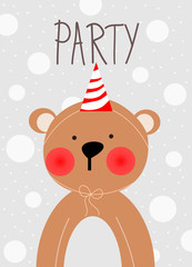 Cute bear with party background for invitation greetings card theme.