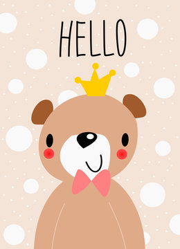 Cute bear with hello background for greetings card theme.