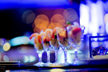Glass shots pastry, wedding catering food, mini canapes food, tasty dessert, Beautiful decorate catering banquet table,  snacks and appetizers, wedding celebration