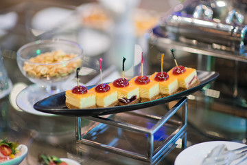 Glass shots pastry, wedding catering food, mini canapes food, tasty dessert, Beautiful decorate catering banquet table,  snacks and appetizers, wedding celebration