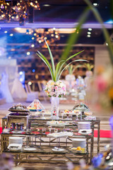 Glass shots pastry, wedding catering food, mini canapes food, tasty dessert, Beautiful decorate catering banquet table,  snacks and appetizers, wedding celebration