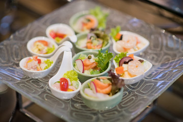Glass shots pastry, wedding catering food, mini canapes food, tasty dessert, Beautiful decorate catering banquet table,  snacks and appetizers, wedding celebration