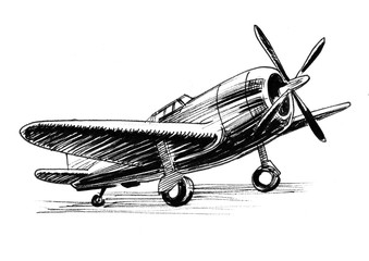 Vintage military plane. Ink black and white illustration