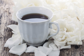 coffee and white roses, still life
