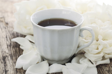 coffee and white roses, still life
